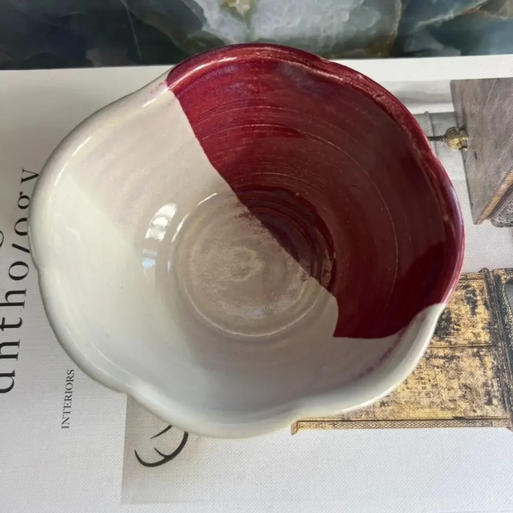 Pat Schweikert Studio Art Pottery Decorative Bowl Stoneware Ivory & Red Two Tone